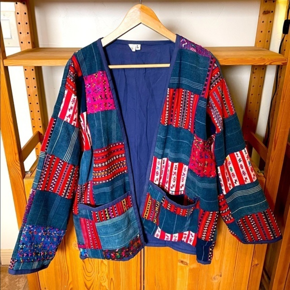 Ikat Patchwork Blue Embroidered Guatemalan Coat L/XL Jacket Artsy 100% Cotton